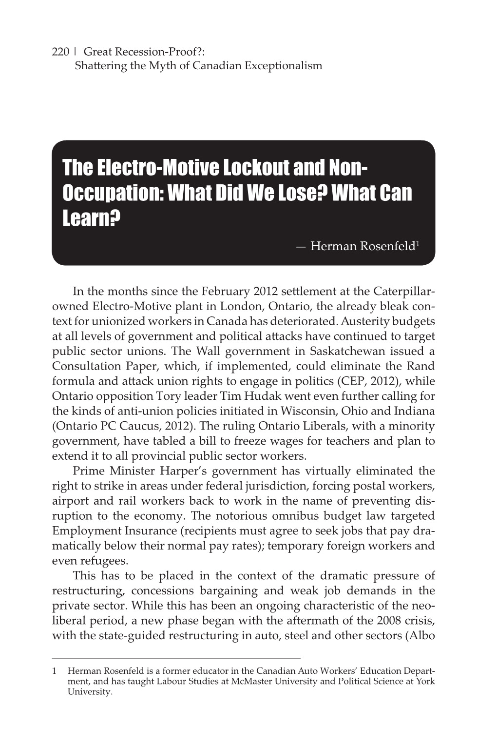 The Electro-Motive Lockout and Non- Occupation: What Did We Lose? What Can Learn? — Herman Rosenfeld1