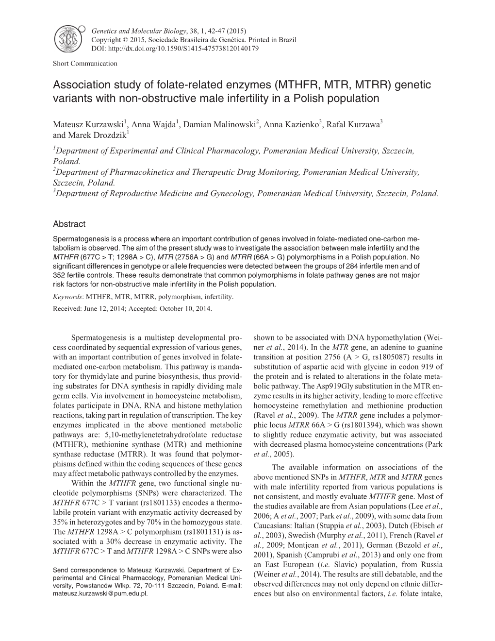 MTHFR, MTR, MTRR) Genetic Variants with Non-Obstructive Male Infertility in a Polish Population