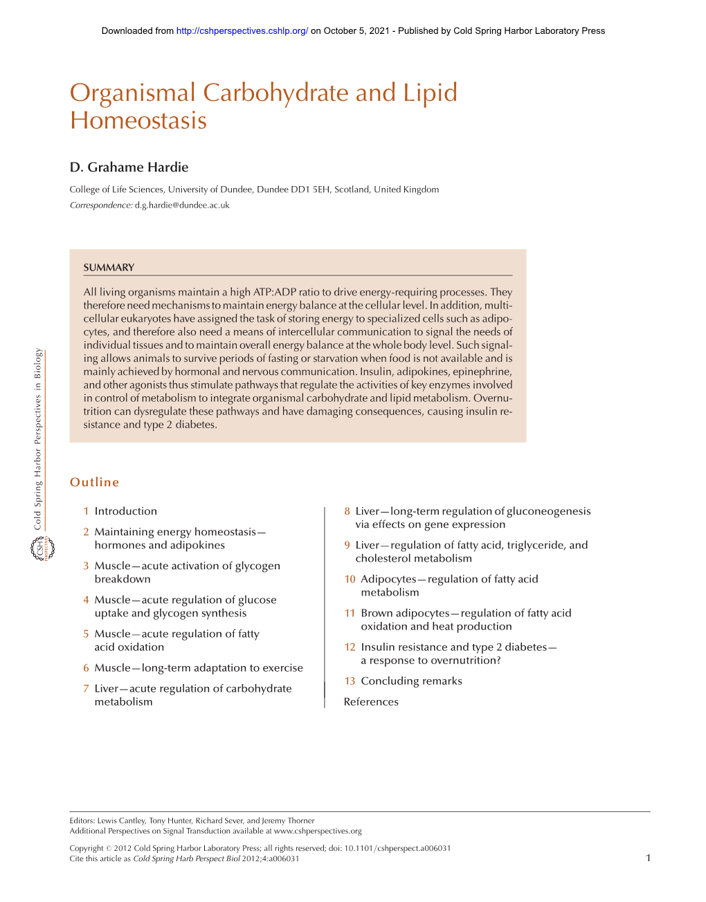 Organismal Carbohydrate and Lipid Homeostasis