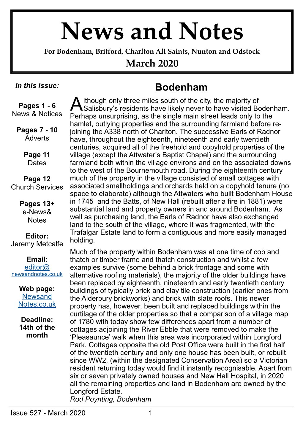 Bodenham, Britford, Charlton All Saints, Nunton and Odstock March 2020