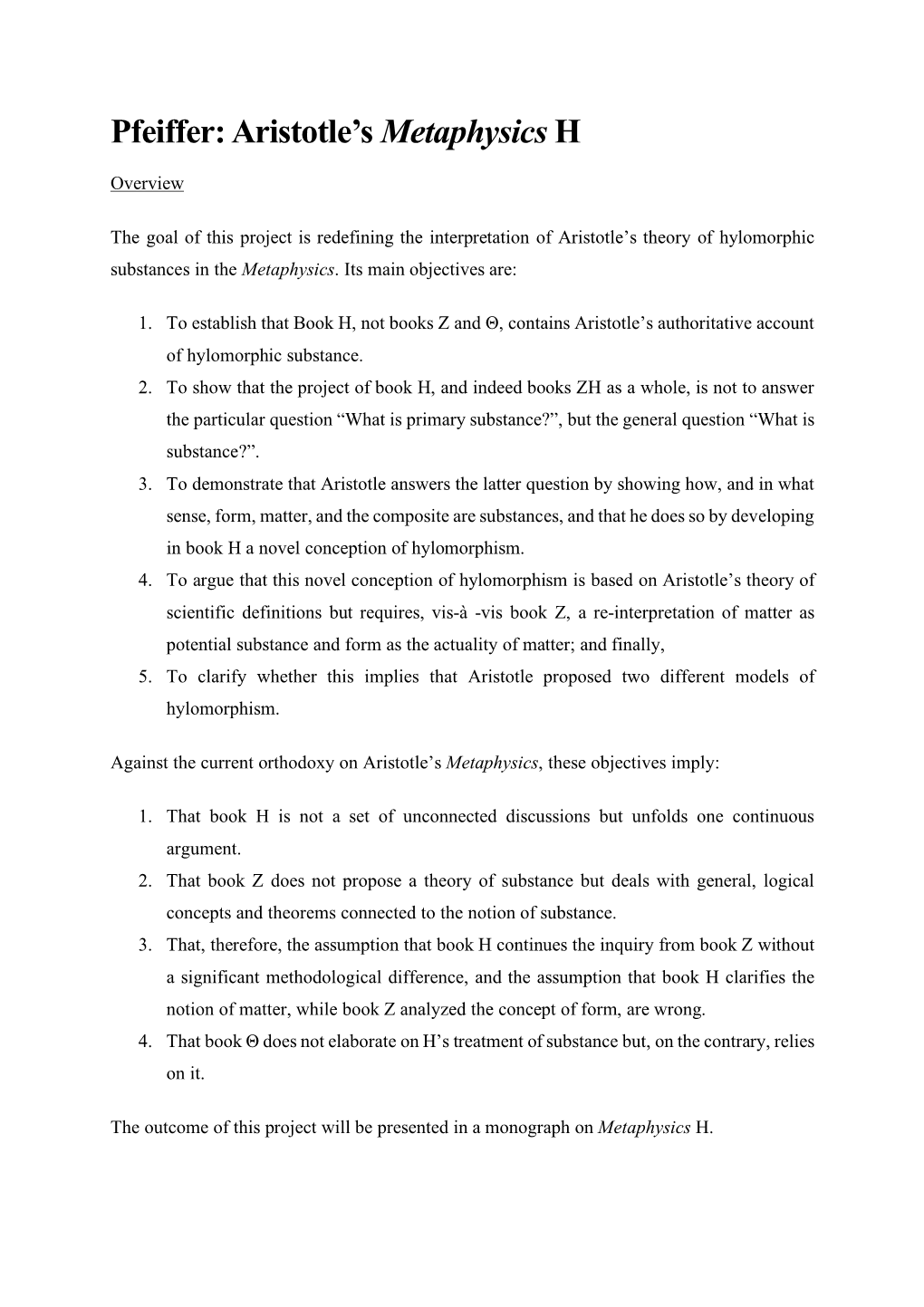 Pfeiffer Metaphysics H Overview