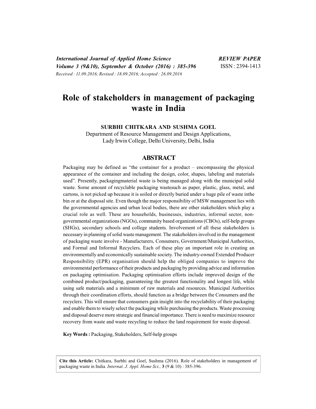 Role of Stakeholders in Management of Packaging Waste in India