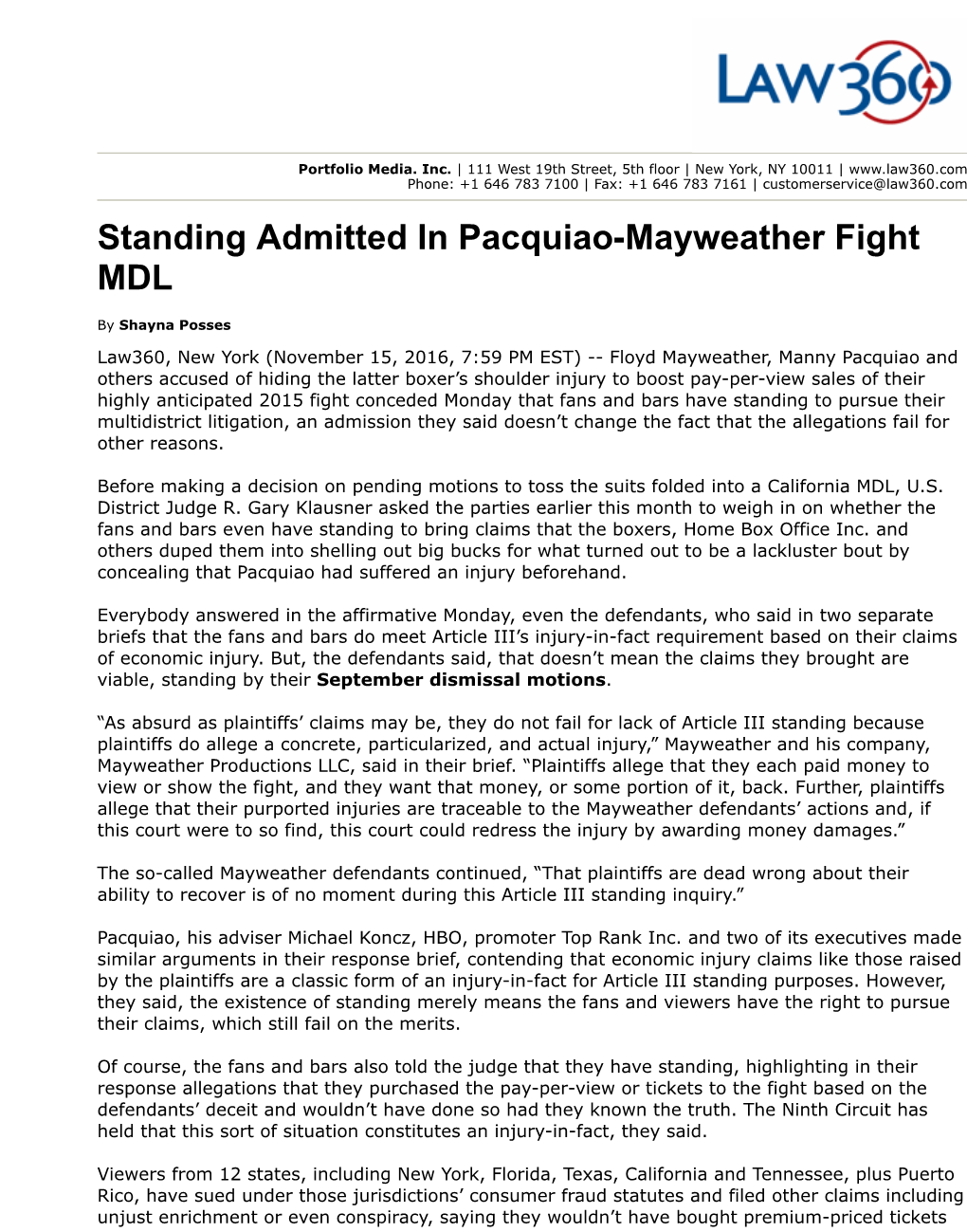 Standing Admitted in Pacquiao-Mayweather Fight MDL