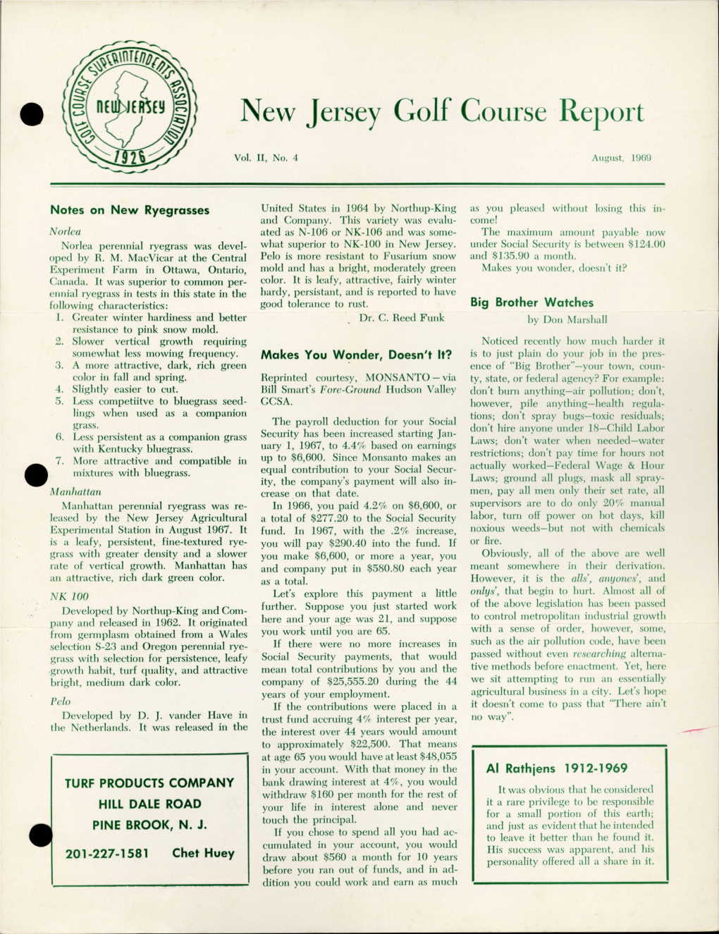 New Jersey Golf Course Report Vol. 2, No. 4 August, 1969