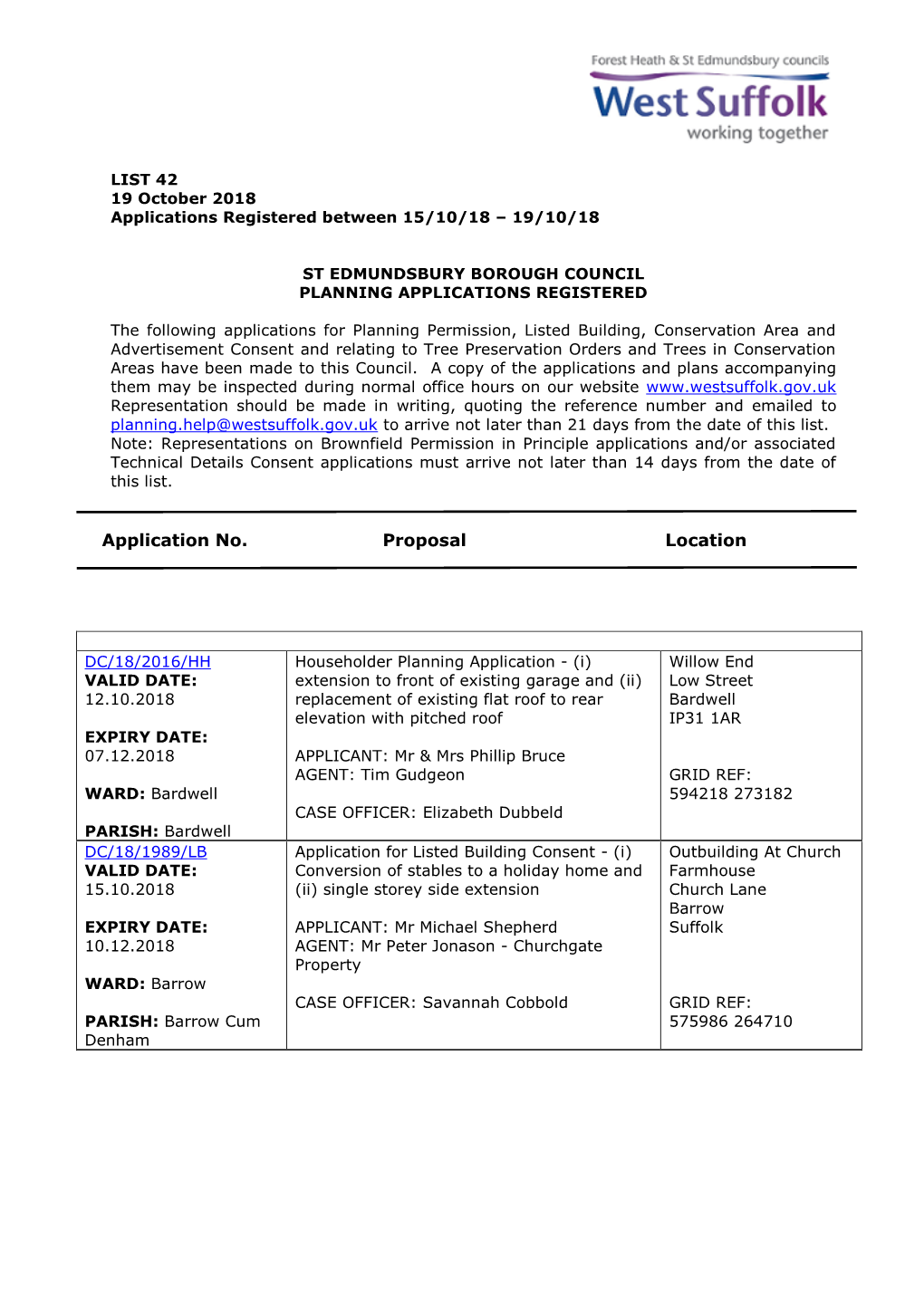 SEBC Planning Applications 42/18