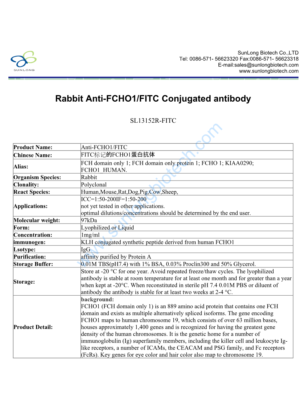 Rabbit Anti-FCHO1/FITC Conjugated Antibody-SL13152R-FITC