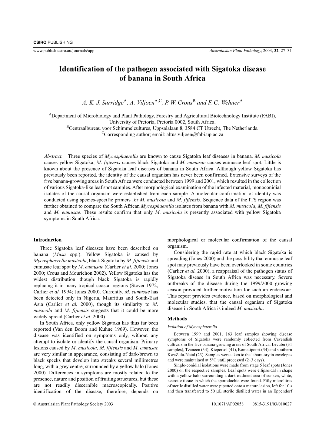 Identification of the Pathogen Associated with Sigatoka Disease of Banana in South Africa