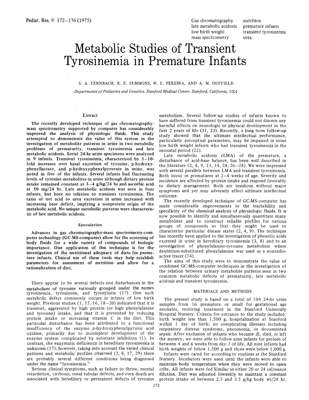 Metabolic Studies of Transient Tyrosinemia in Premature Infants