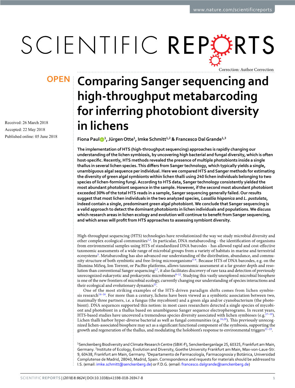 Comparing Sanger Sequencing and High-Throughput Metabarcoding for Inferring Photobiont Diversity in Lichens