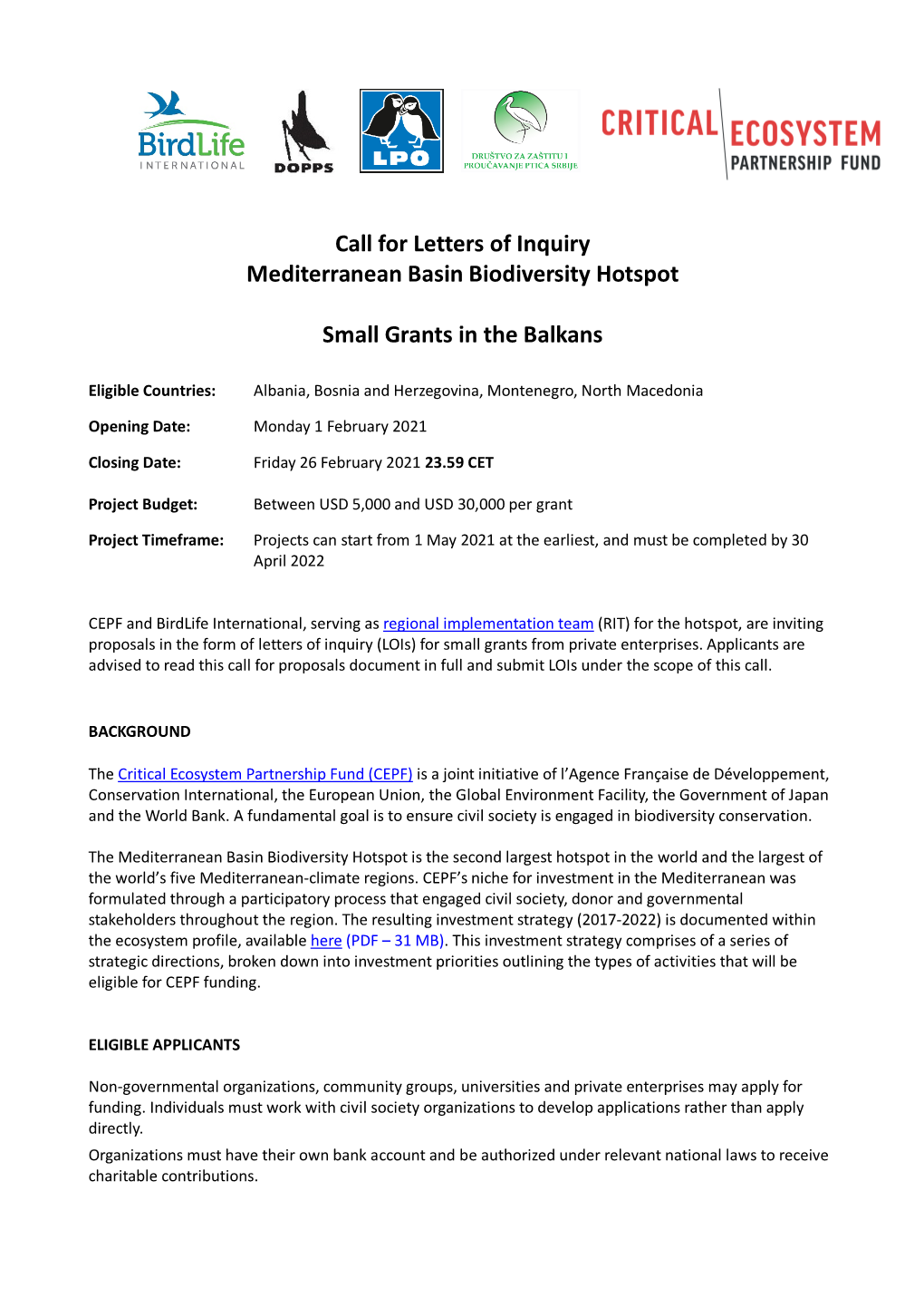 Call for Letters of Inquiry Mediterranean Basin Biodiversity Hotspot