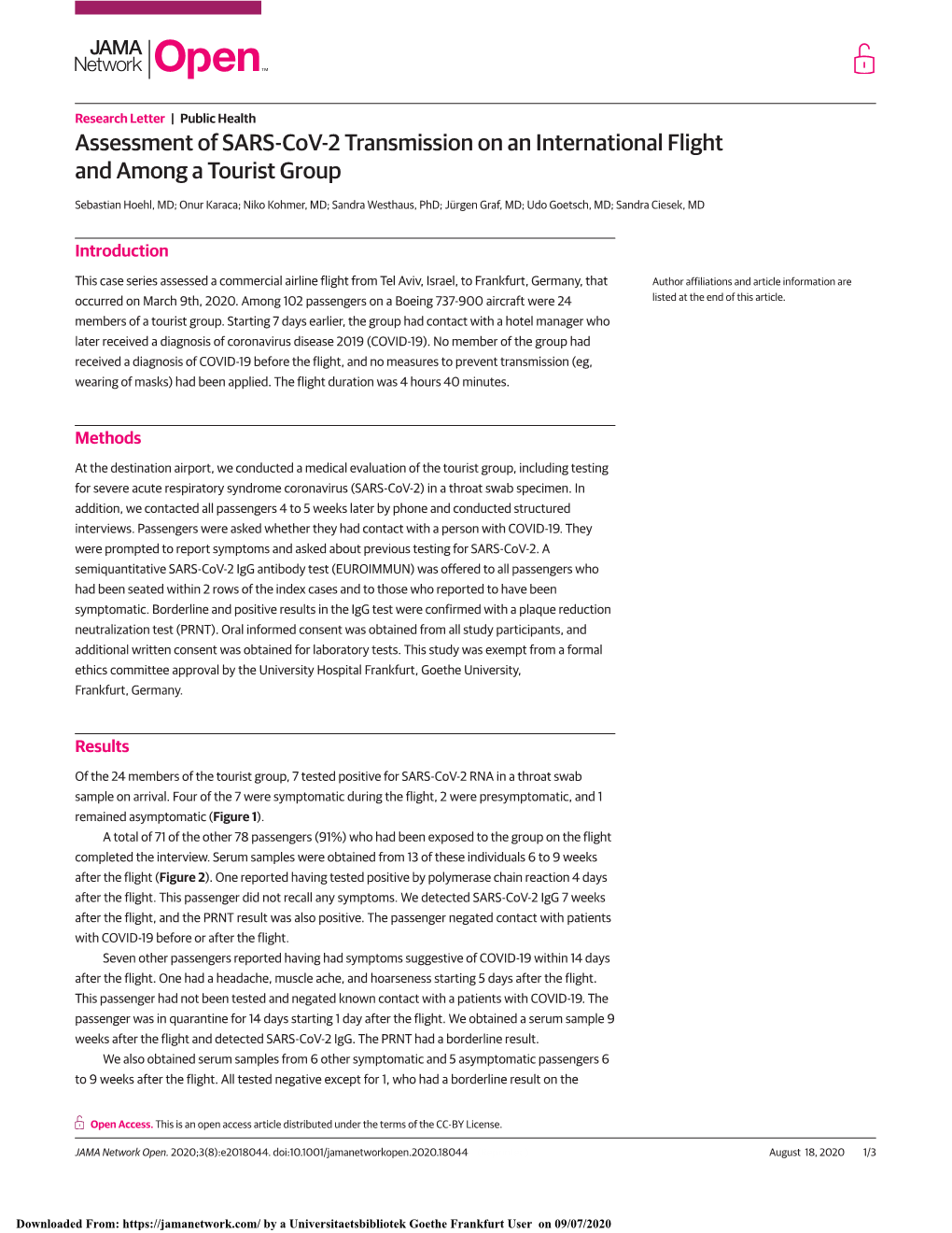 Assessment of SARS-Cov-2 Transmission on an International Flight and Among a Tourist Group