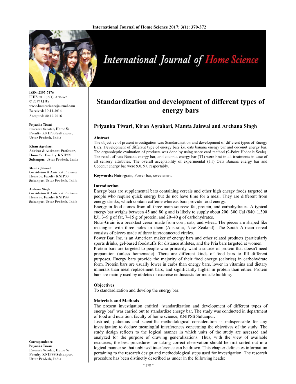 Standardization and Development of Different Types of Energy Bars