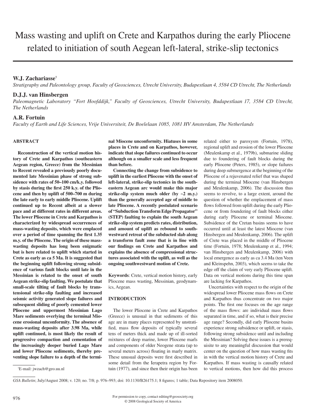 Mass Wasting and Uplift on Crete and Karpathos During the Early Pliocene Related to Initiation of South Aegean Left-Lateral, Strike-Slip Tectonics