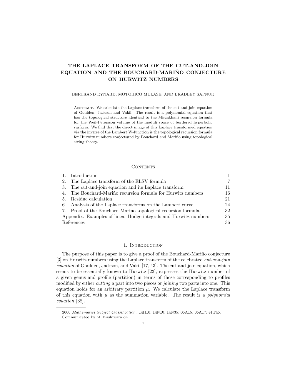 The Laplace Transform of the Cut-And-Join Equation and the Bouchard-Marino˜ Conjecture on Hurwitz Numbers