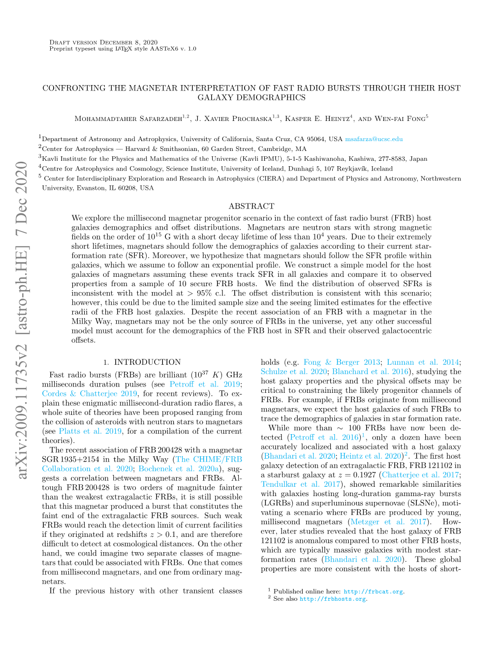 Arxiv:2009.11735V2 [Astro-Ph.HE] 7 Dec 2020 Gests a Correlation Between Magnetars and Frbs