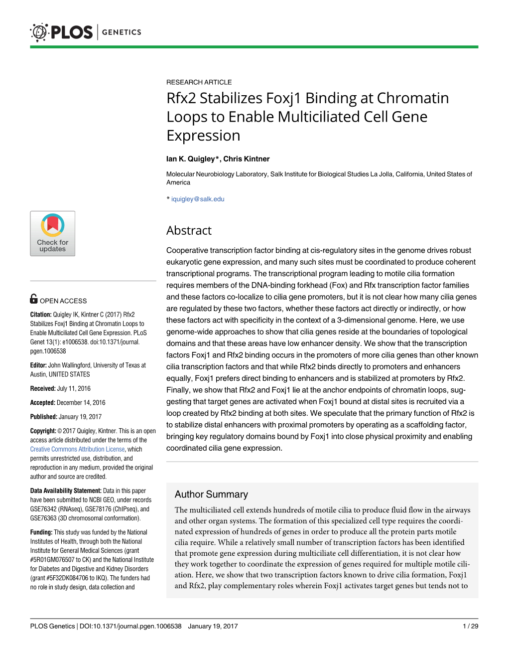 Rfx2 Stabilizes Foxj1 Binding at Chromatin Loops to Enable Multiciliated Cell Gene Expression