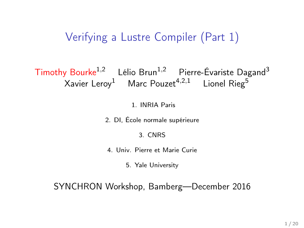 Verifying a Lustre Compiler (Part 1)