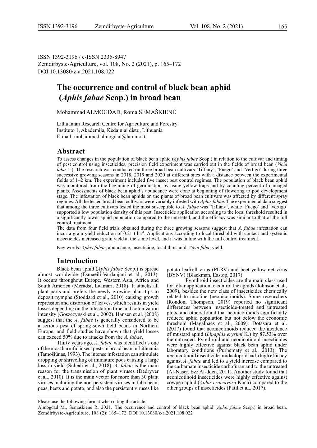 The Occurrence and Control of Black Bean Aphid (Aphis Fabae Scop.) in Broad Bean