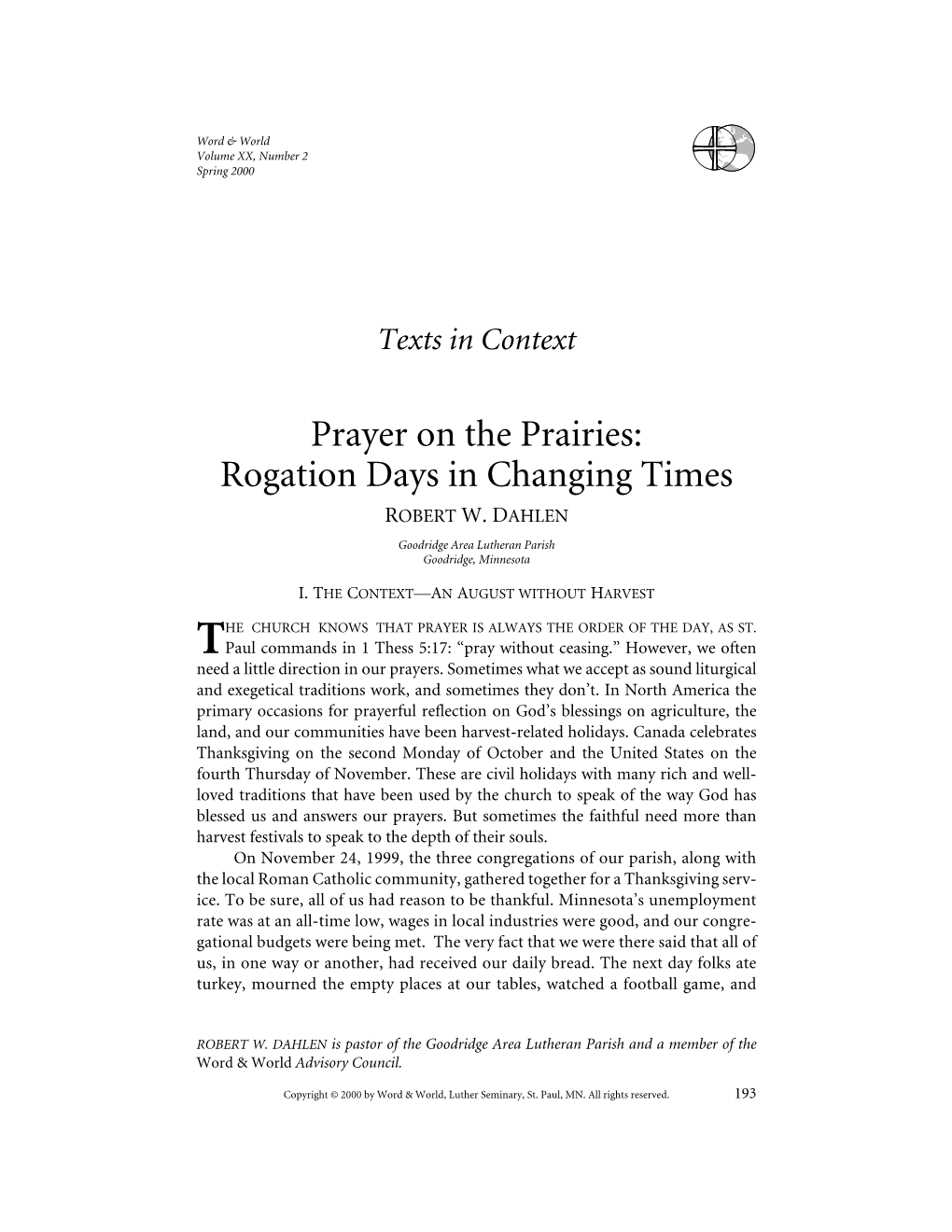 Prayer on the Prairies: Rogation Days in Changing Times ROBERT W