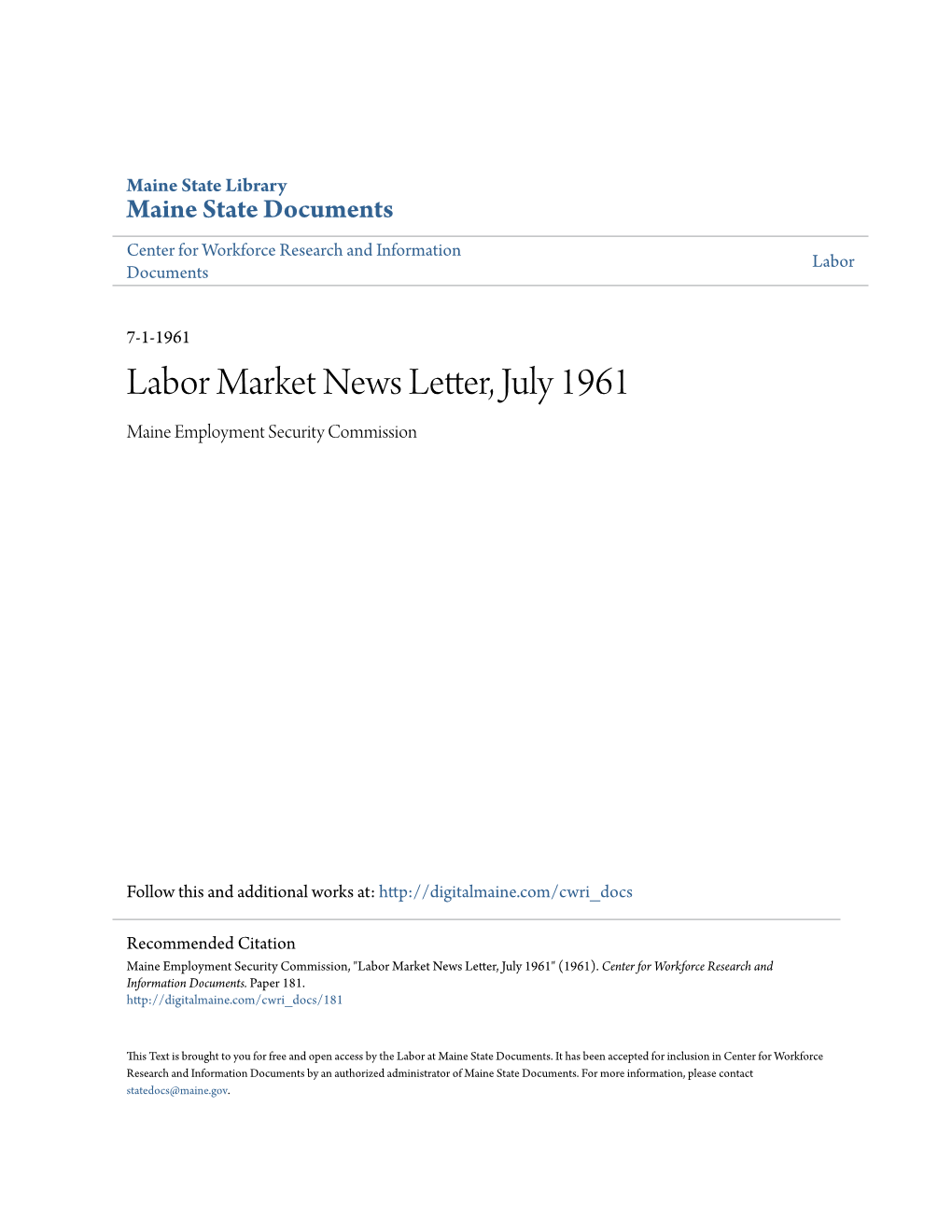 Labor Market News Letter, July 1961 Maine Employment Security Commission