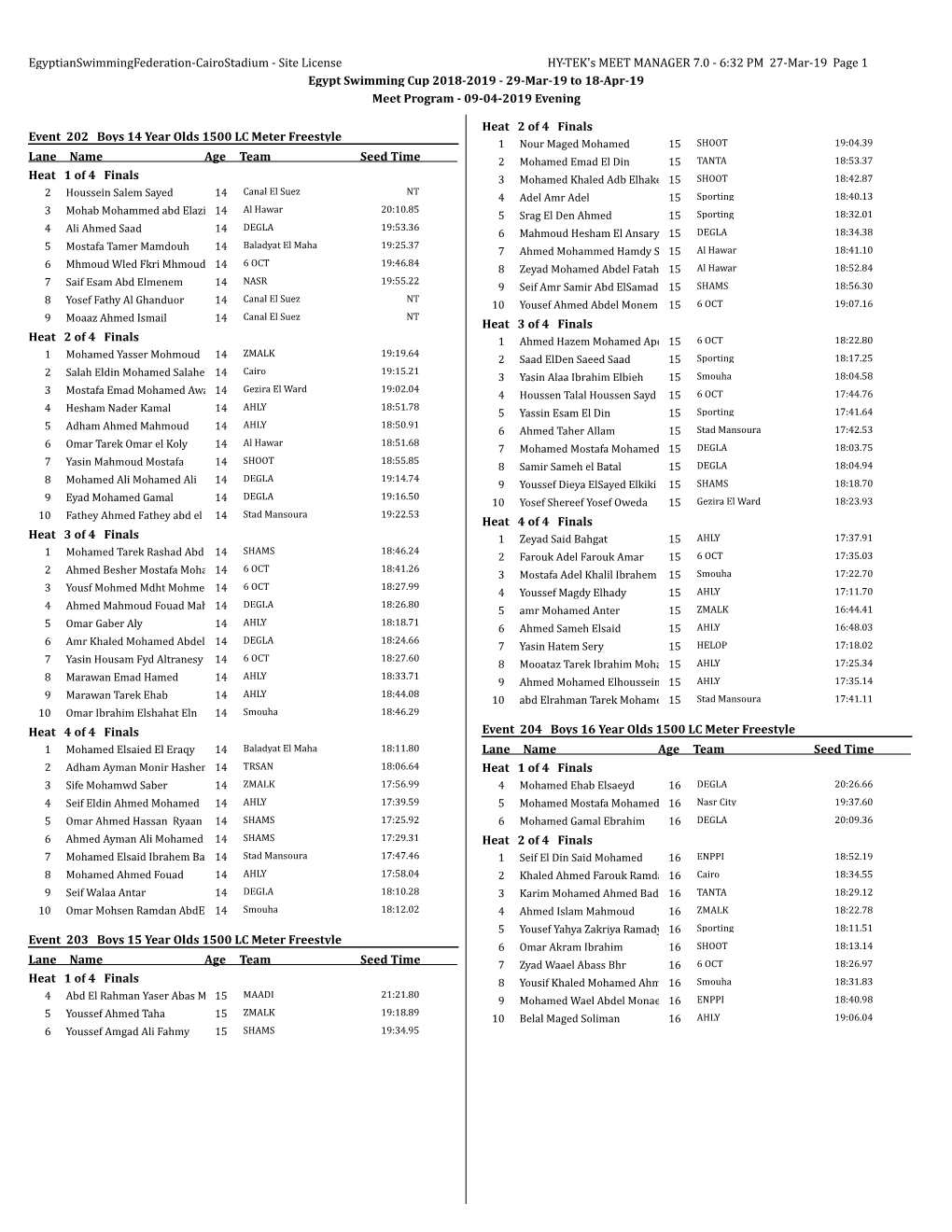 6:32 PM 27-Mar-19 Page 1 Egypt Swimming Cup 2018-2019 - 29-Mar-19 to 18-Apr-19 Meet Program - 09-04-2019 Evening
