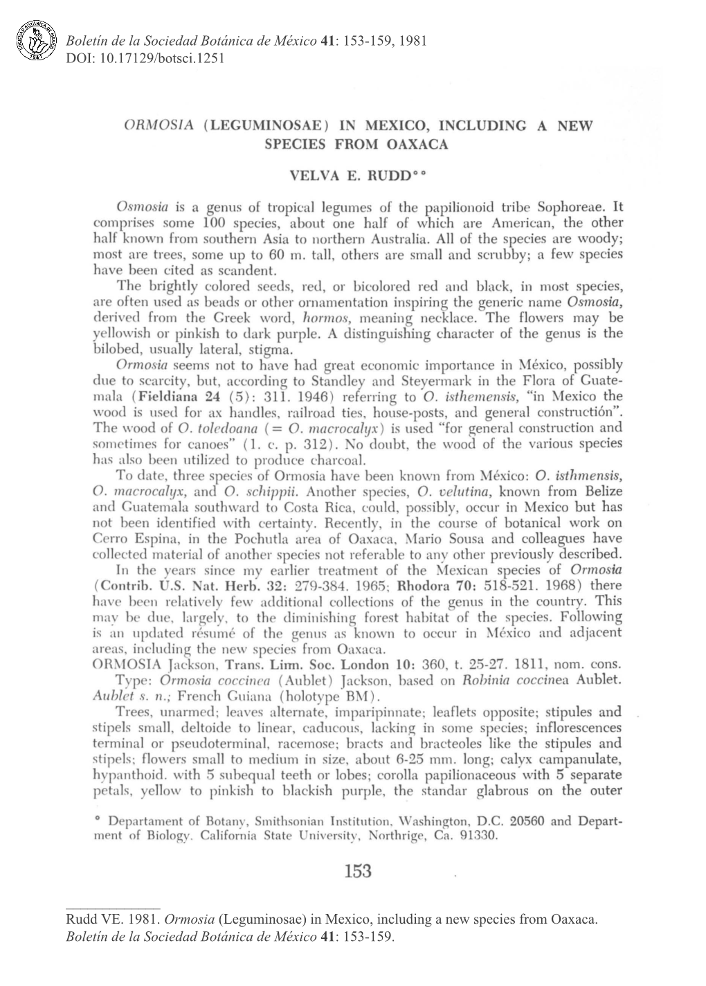 Boletín De La Sociedad Botánica De México 41: 153-159, 1981 DOI: 10.17129/Botsci.1251