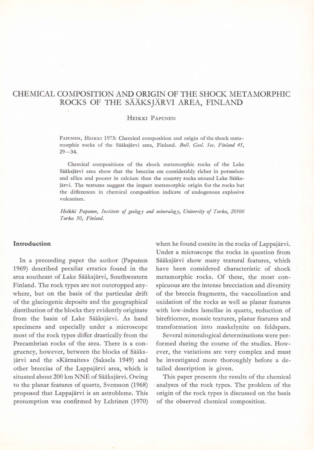 Chemical Composition and Origin of the Shock Metamorphic Rocks of the Sääksjärvi Area, Finland