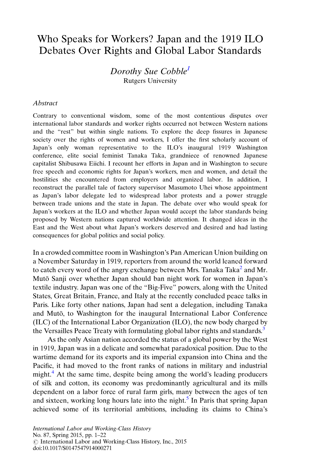 Who Speaks for Workers? Japan and the 1919 ILO Debates Over Rights and Global Labor Standards