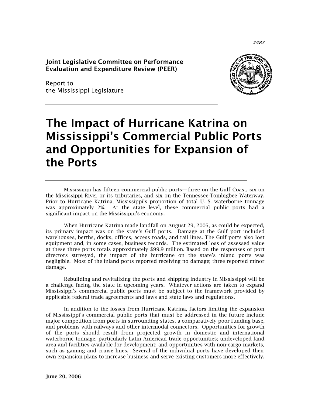 The Impact of Hurricane Katrina on Mississippi's Commercial Public Ports and Opportunities for Expansion of the Ports