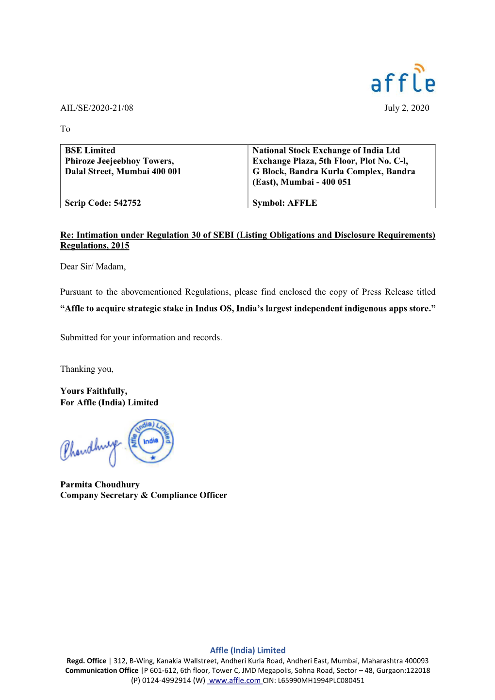 Affle (India) Limited AIL/SE/2020-21/08 July 2, 2020 To