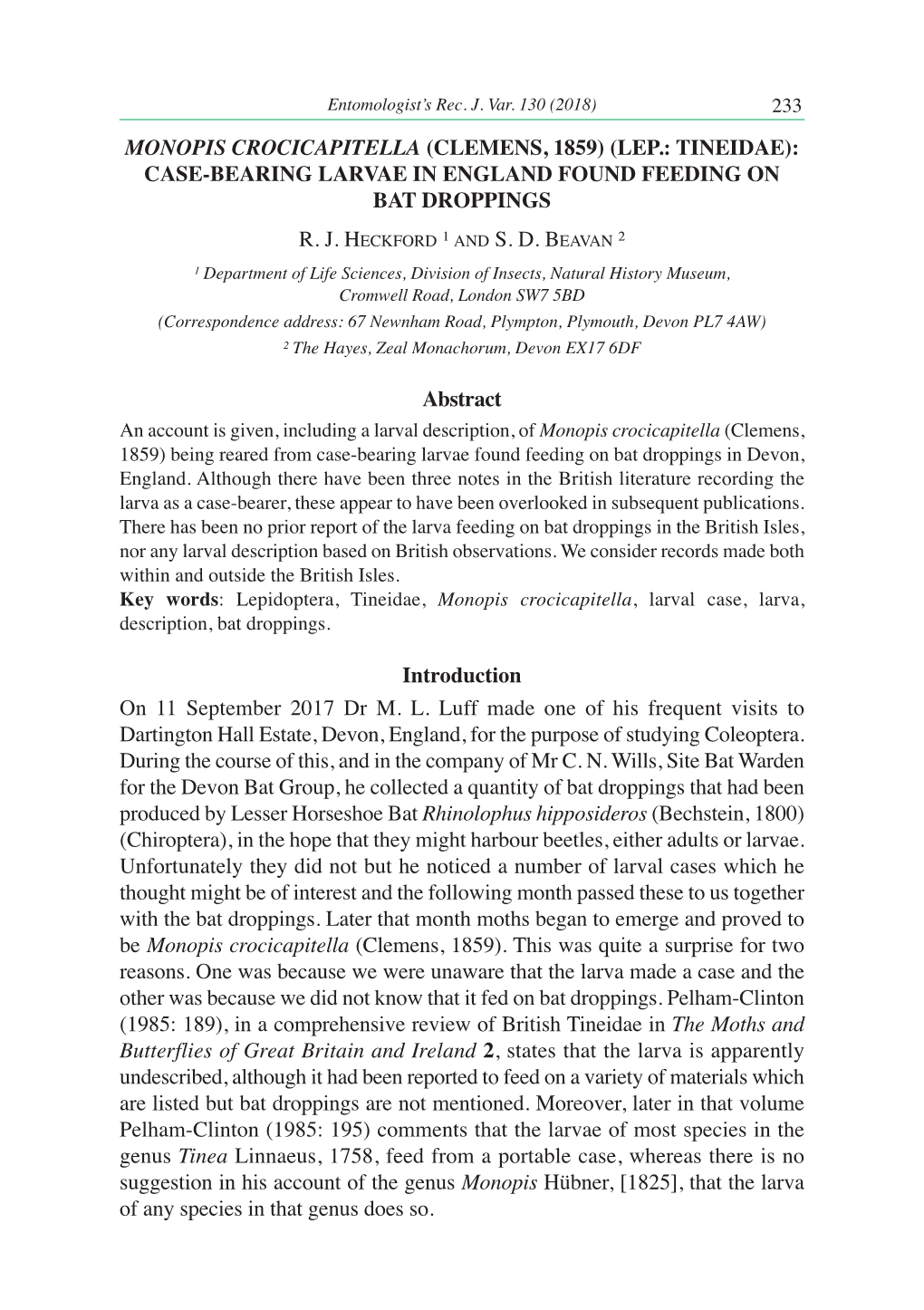 MONOPIS CROCICAPITELLA (CLEMENS, 1859) (LEP.: TINEIDAE): CASE-BEARING LARVAE in ENGLAND FOUND FEEDING on BAT DROPPINGS Abstract