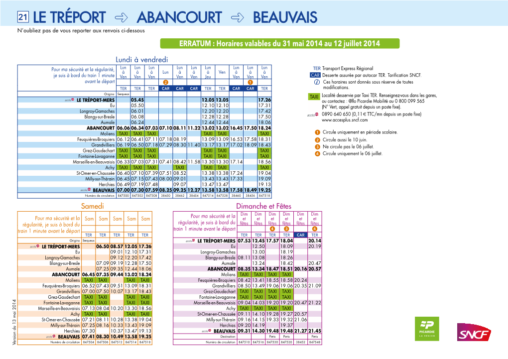 21 LE TRÉPORT ABANCOURT BEAUVAIS N’Oubliez Pas De Vous Reporter Aux Renvois Ci-Dessous ERRATUM : Horaires Valables Du 31 Mai 2014 Au 12 Juillet 2014