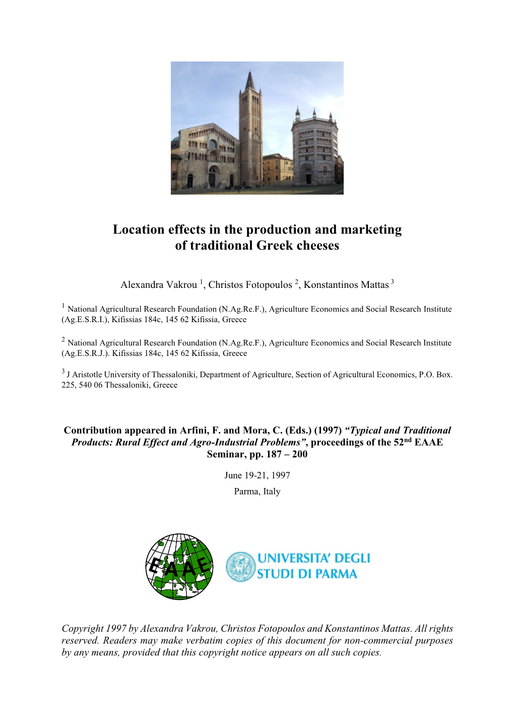Location Effects in the Production and Marketing of Traditional Greek Cheeses