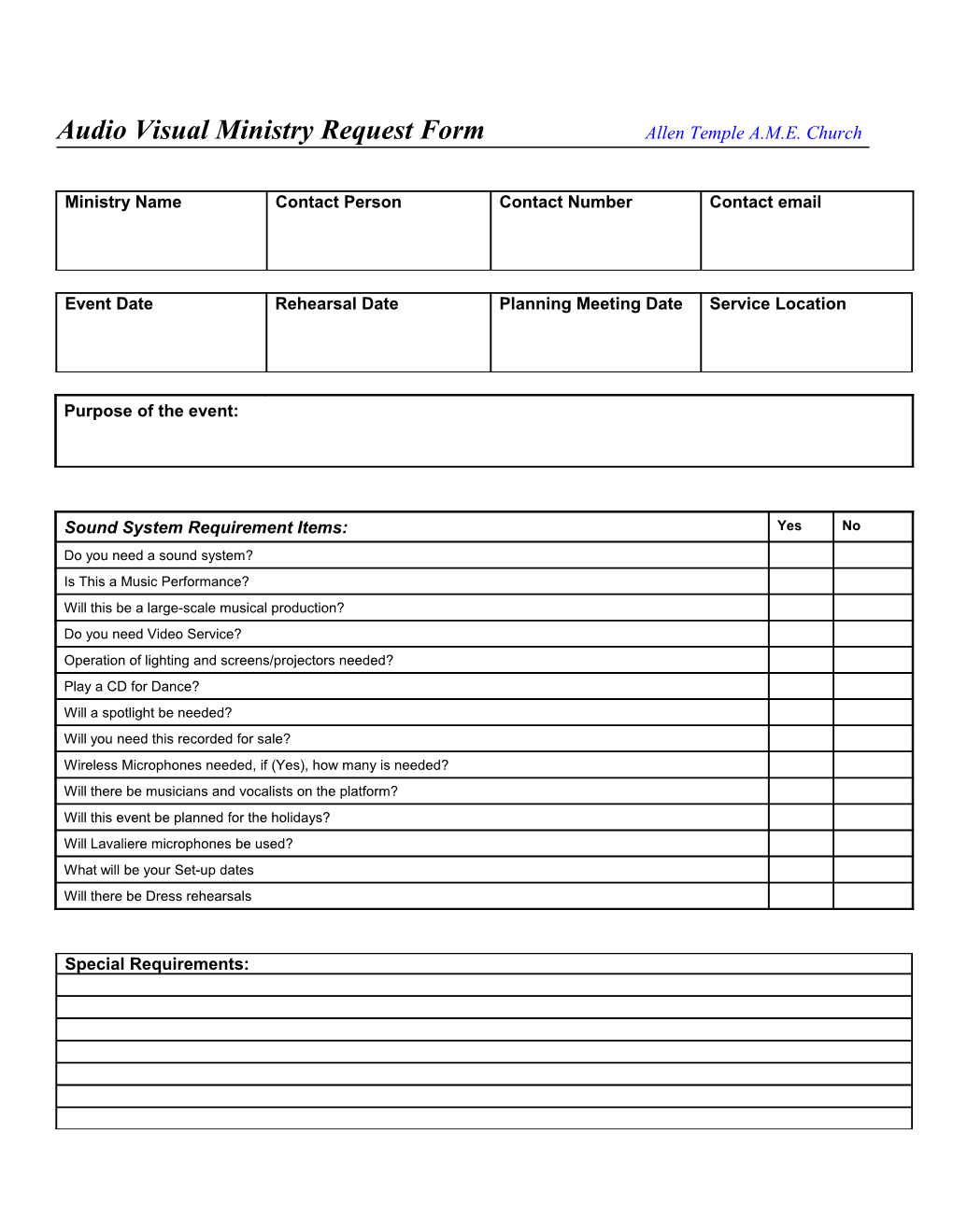 Audio Visual Ministry Request Form