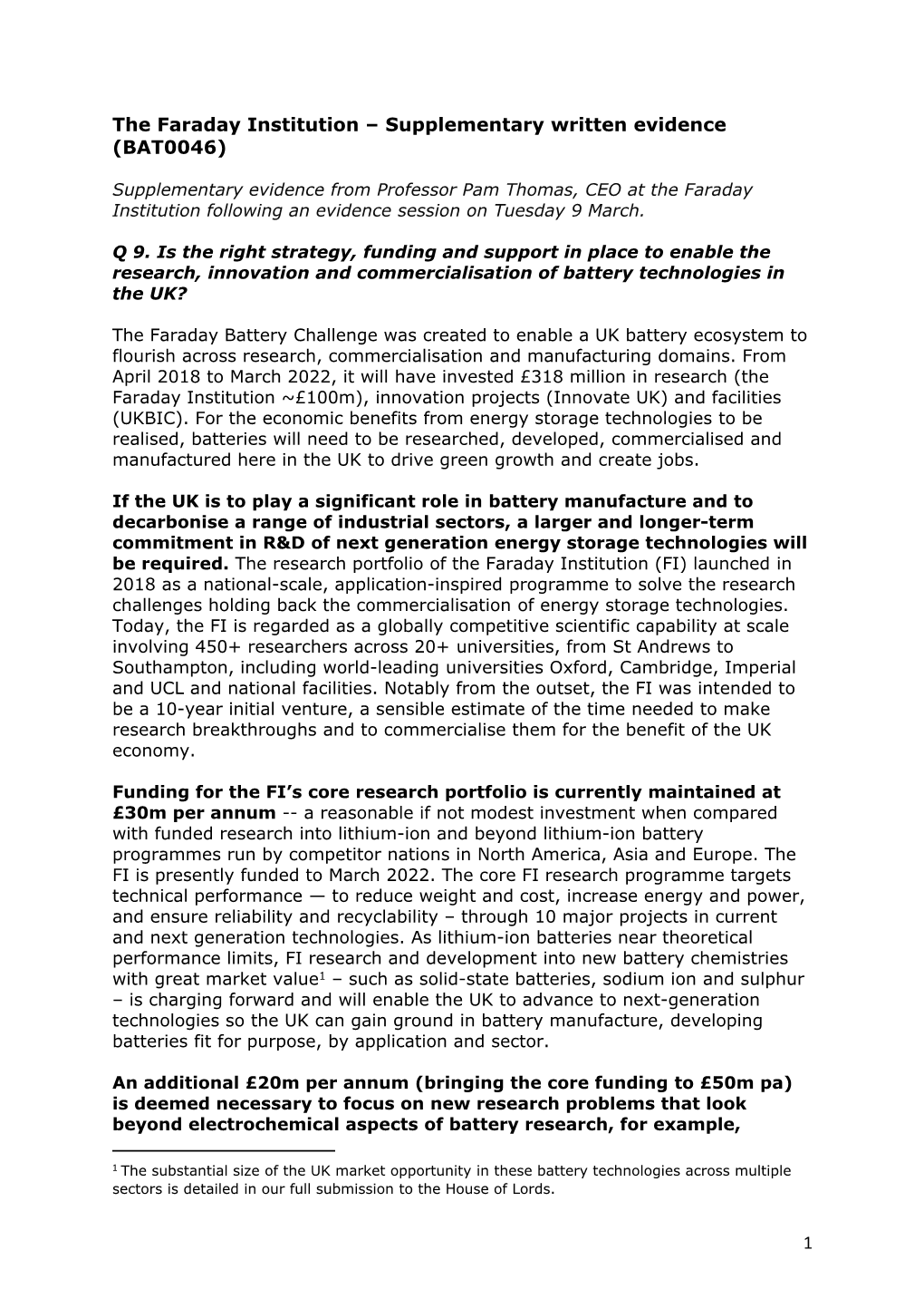 The Faraday Institution – Supplementary Written Evidence (BAT0046)