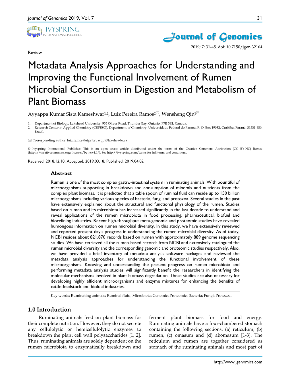 Journal of Genomics Metadata Analysis Approaches for Understanding and Improving the Functional Involvement of Rumen Microbial C