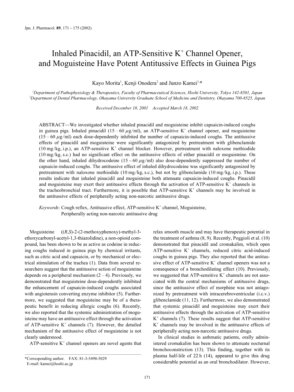 Inhaled Pinacidil, an ATP-Sensitive K Channel Opener, and Moguisteine