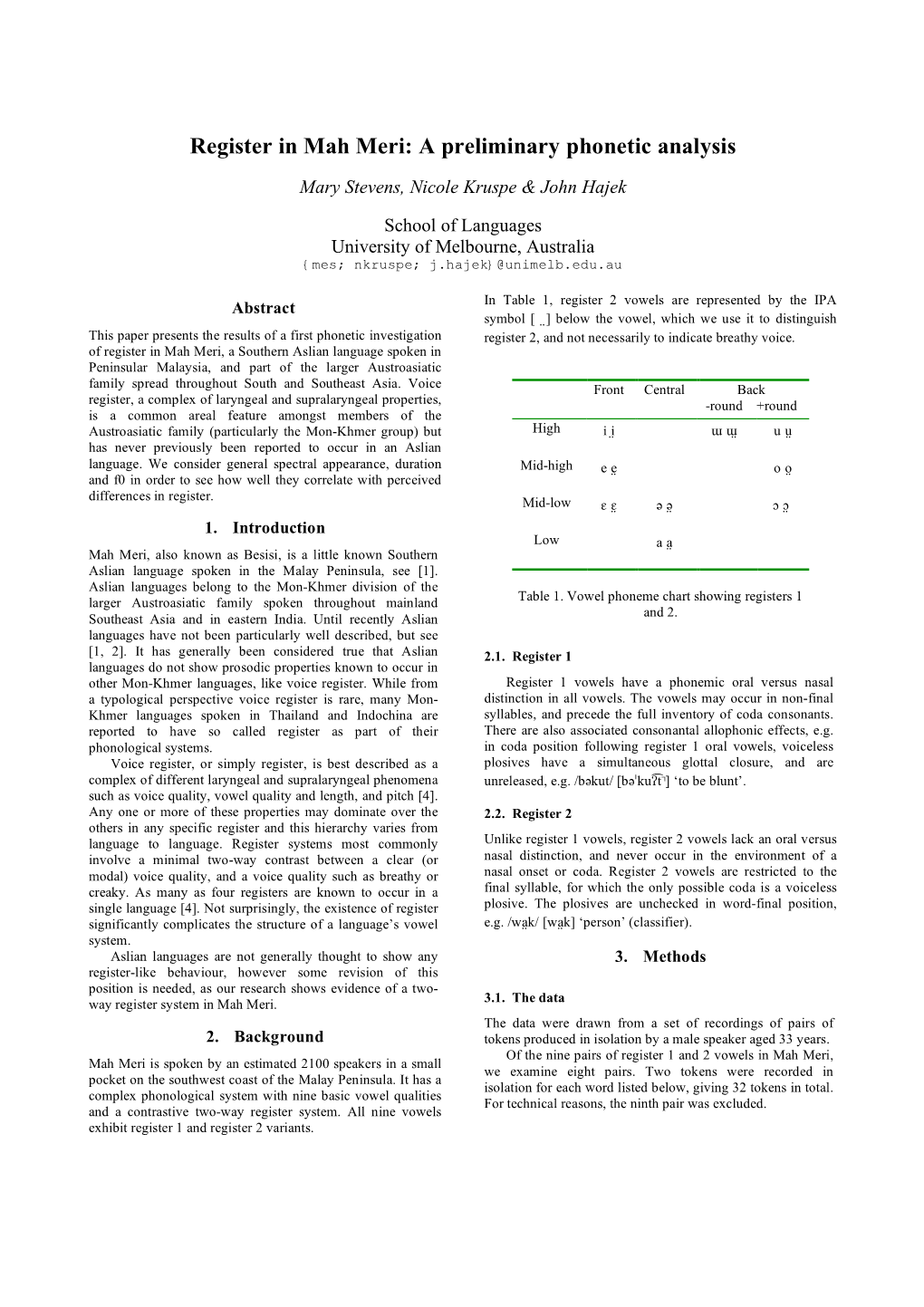 Register in Mah Meri: a Preliminary Phonetic Analysis