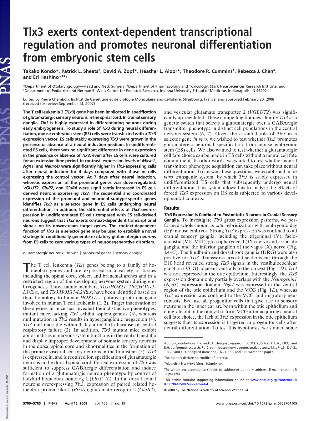 Tlx3 Exerts Context-Dependent Transcriptional Regulation and Promotes Neuronal Differentiation from Embryonic Stem Cells