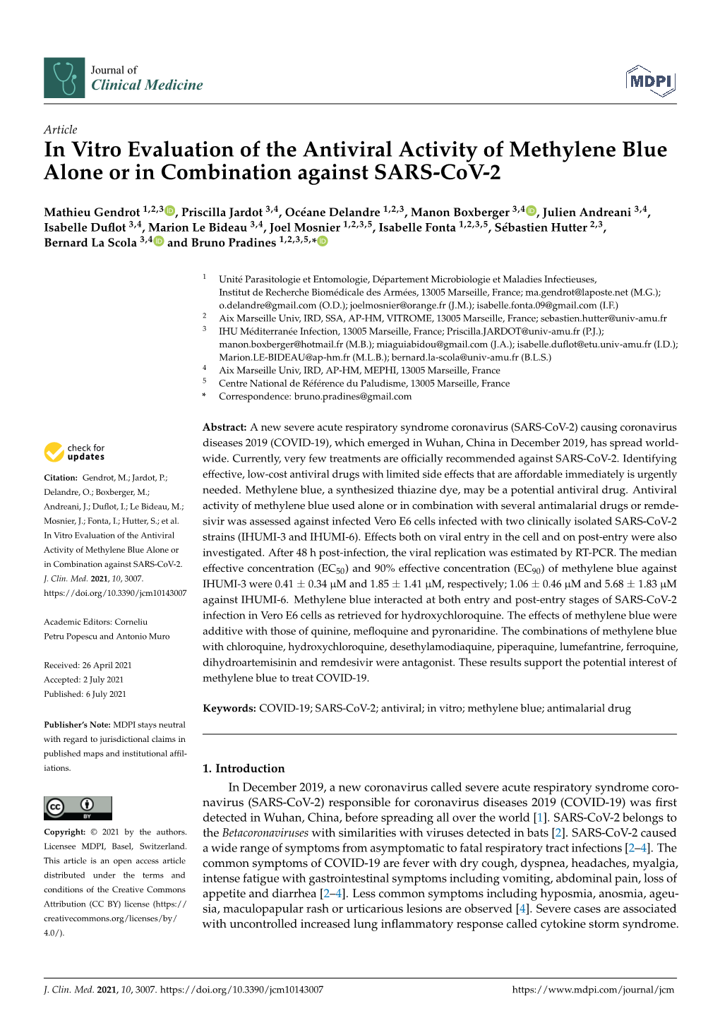 In Vitro Evaluation of the Antiviral Activity of Methylene Blue Alone Or in Combination Against SARS-Cov-2