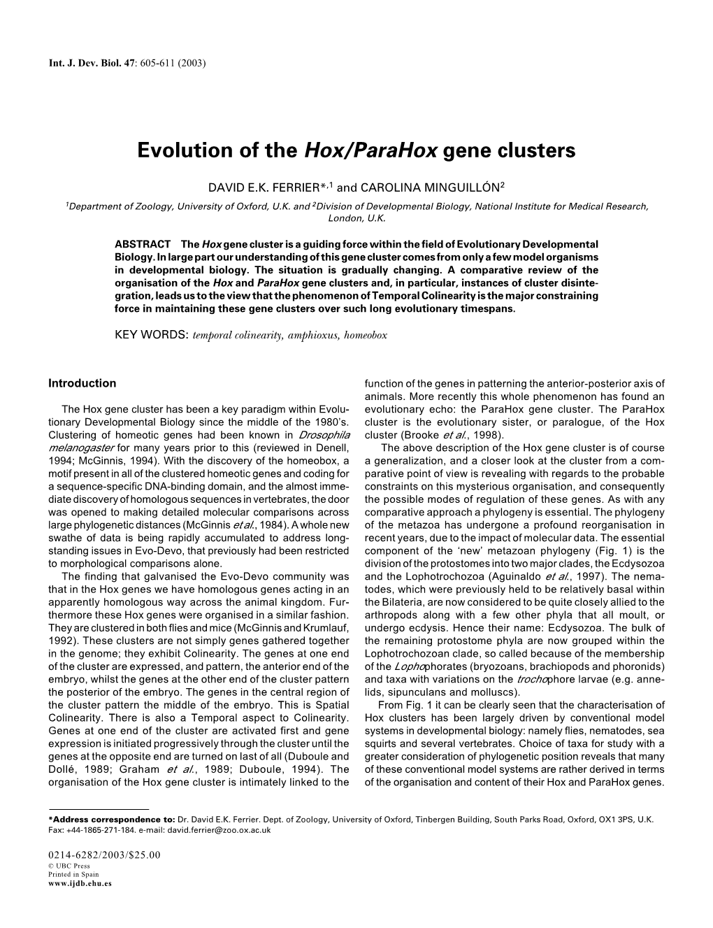 Evolution of the Hox/Parahox Gene Clusters