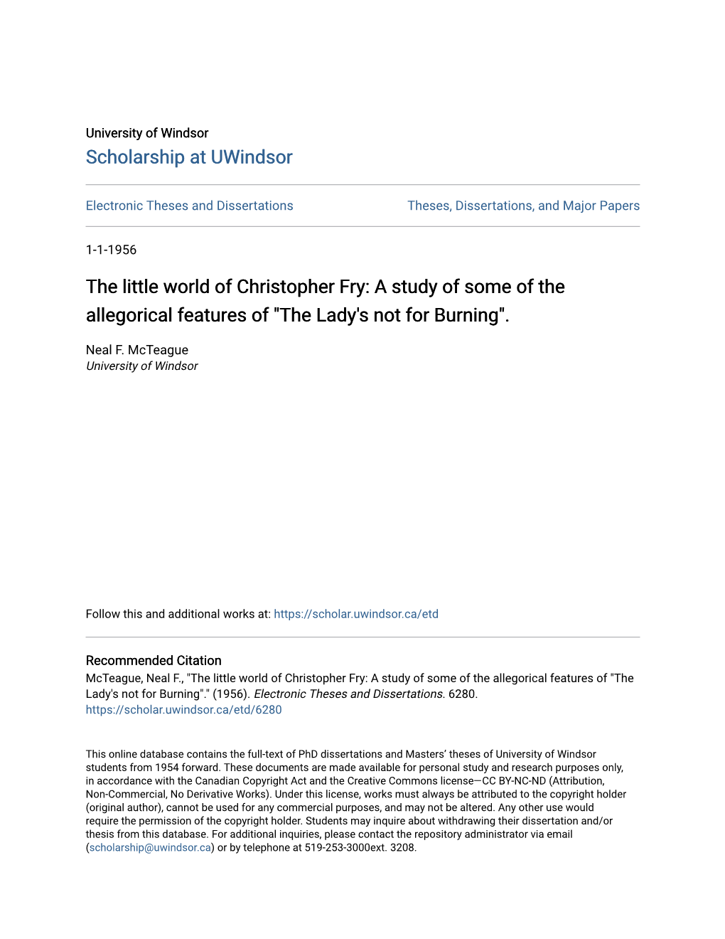 The Little World of Christopher Fry: a Study of Some of the Allegorical Features of 