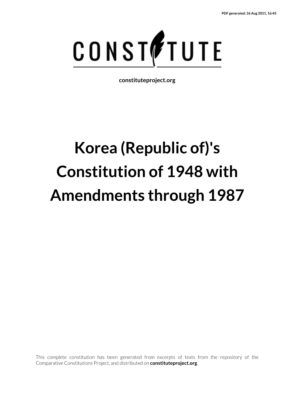 Korea (Republic Of)'S Constitution of 1948 with Amendments Through 1987