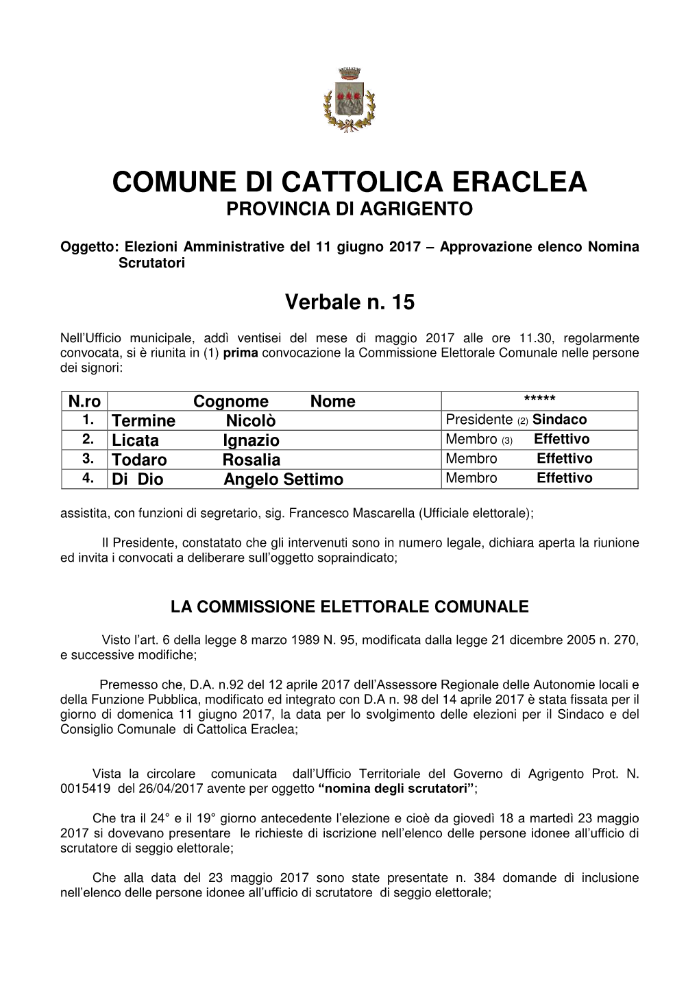 Comune Di Cattolica Eraclea Provincia Di Agrigento