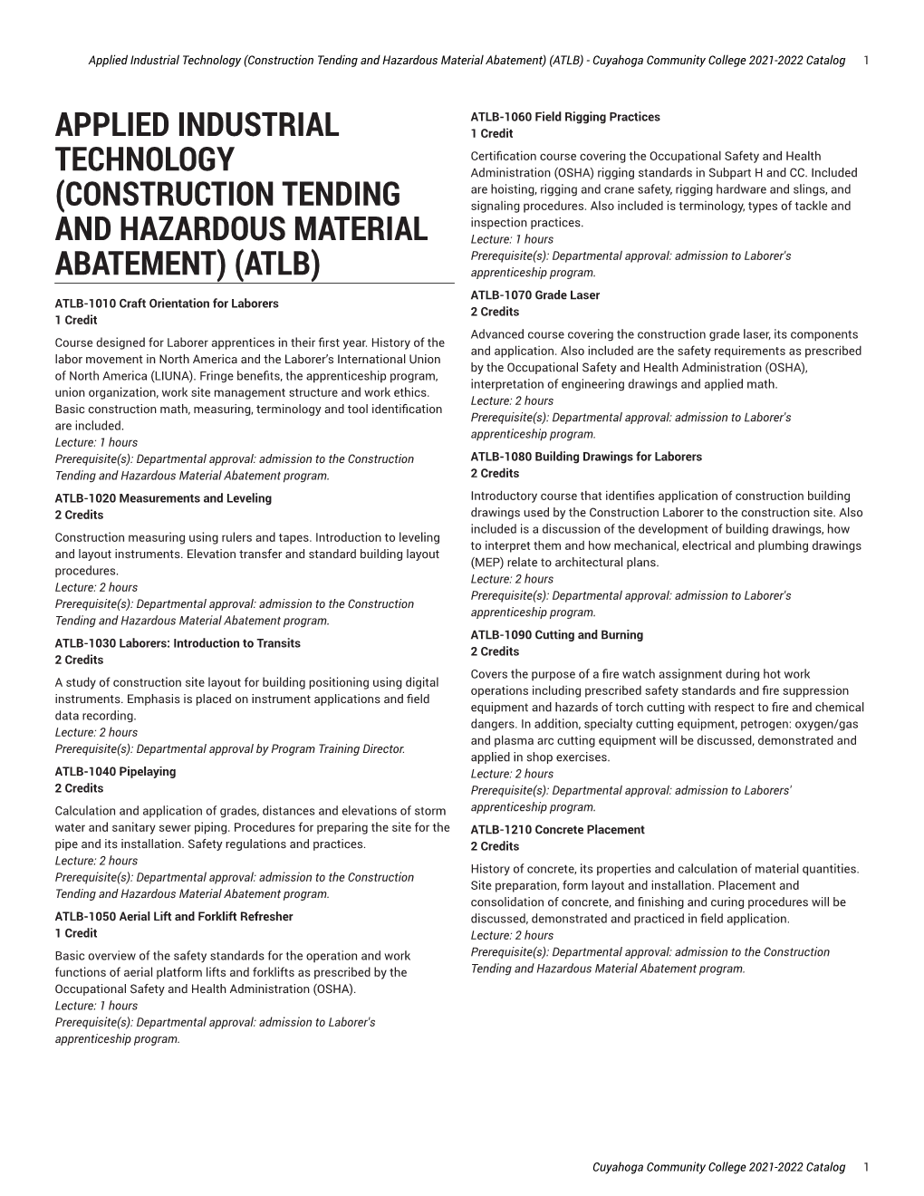 Applied Industrial Technology (Construction Tending and Hazardous Material Abatement) (ATLB) - Cuyahoga Community College 2021-2022 Catalog 1