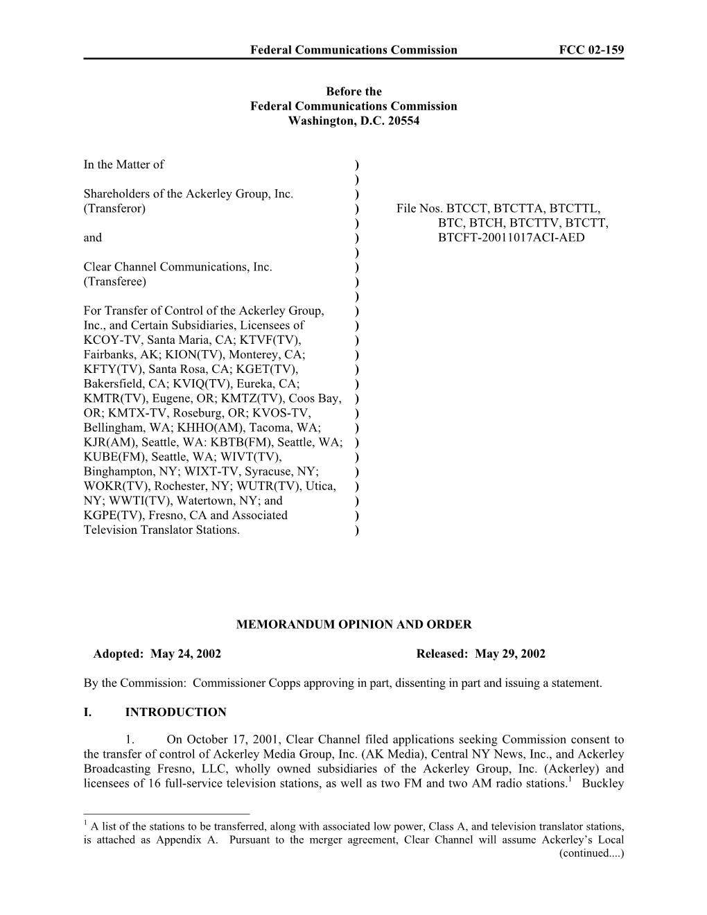 Federal Communications Commission FCC 02-159 Before the Federal