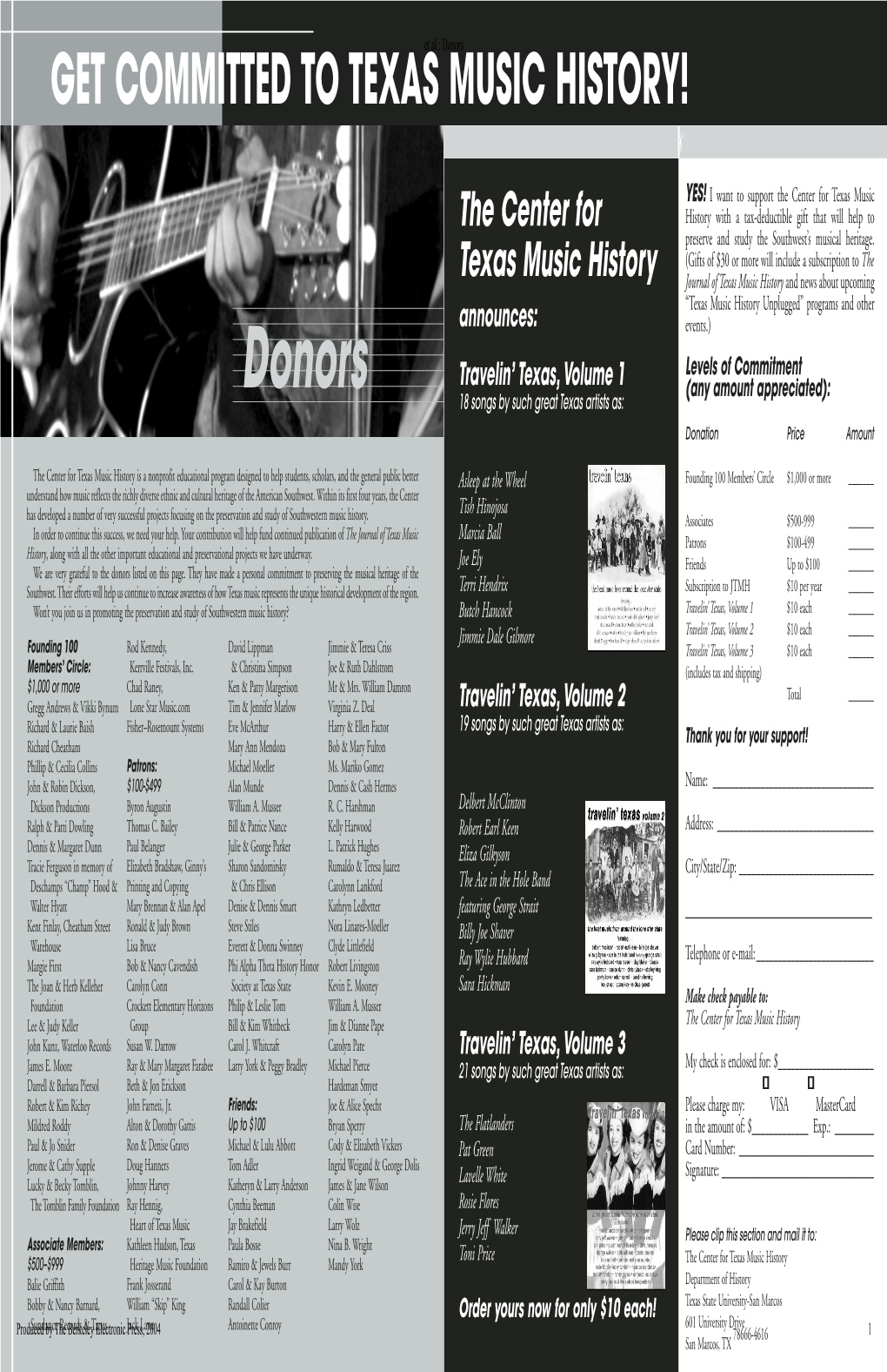 Journal of Texas Music History, Volume 4, Number 2 (Fall 2004) Donors