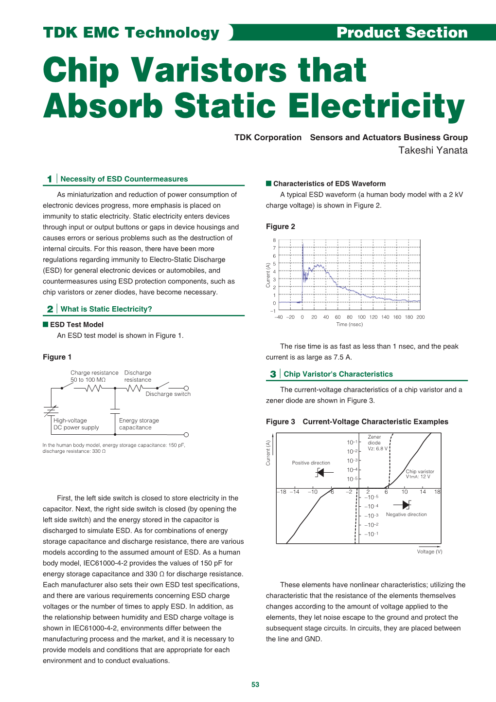 Chip Varistors That Absorb Static Electricity TDK Corporation Sensors and Actuators Business Group Takeshi Yanata