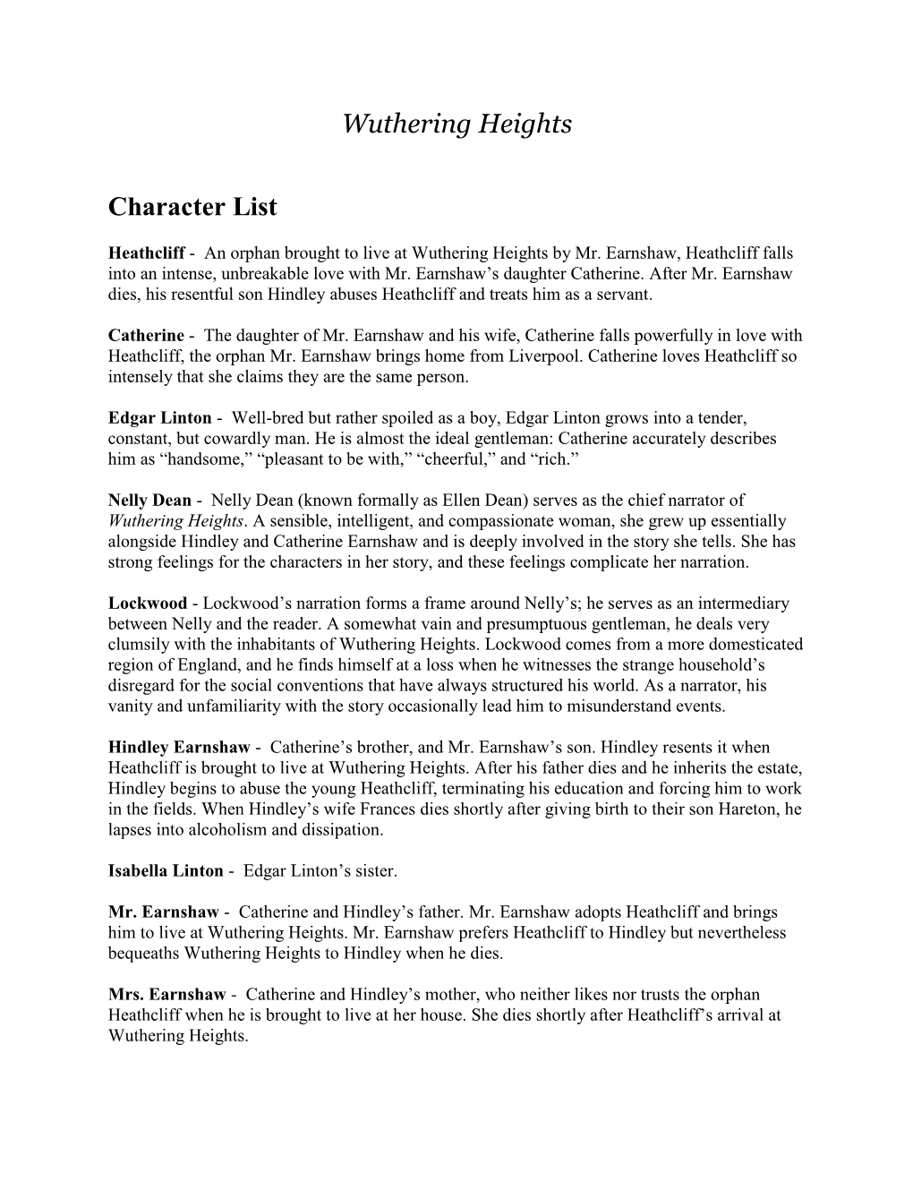 Wuthering Heights Character List