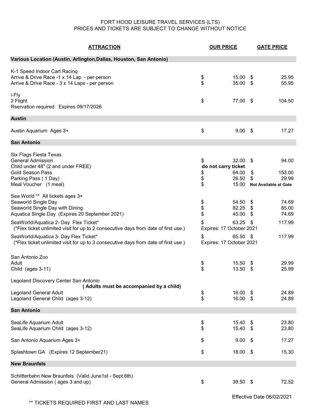 Fort Hood Leisure Travel Services (Lts) Prices and Tickets Are Subject to Change Without Notice